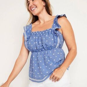 Old Navy Womens Embroidered Babydoll Top XL Blue Ruffle Peasant Boho Cottagecore